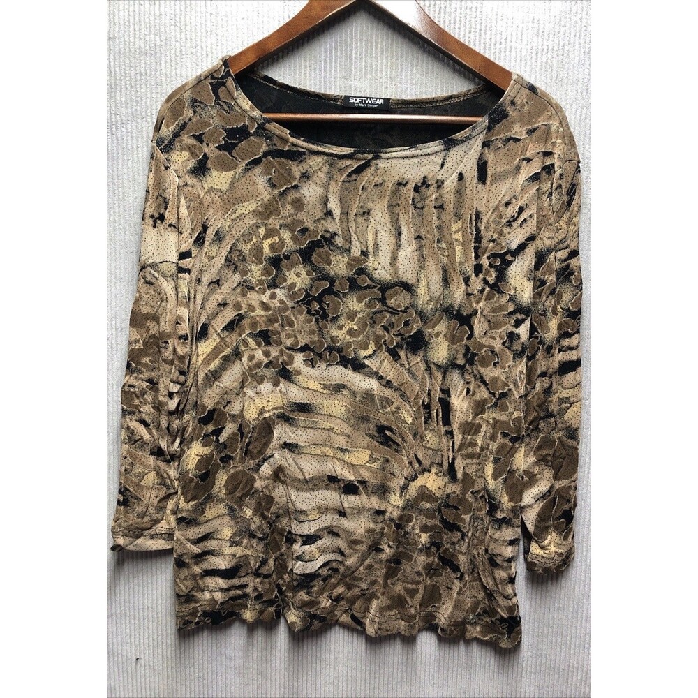 VTG Softwear Mark Singer Womens Top XLG Leopard Print Crop Sleeve Slinky Y2K 90s